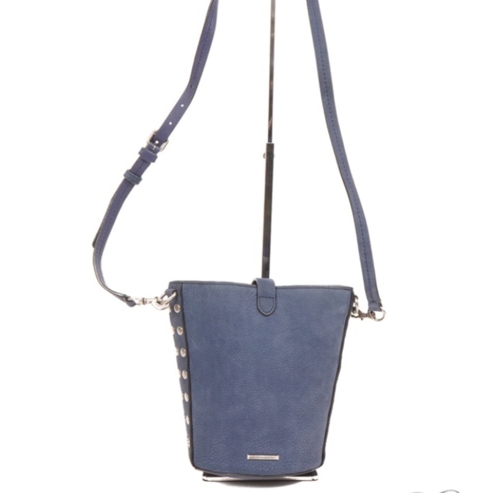 REBECCA MINKOFF NAVY BLUE NUBUCK CROSSBODY STUDDED BUCKET FEEDER BAG